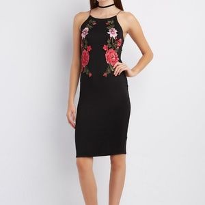 Embroidered black bodycon dress with Roses